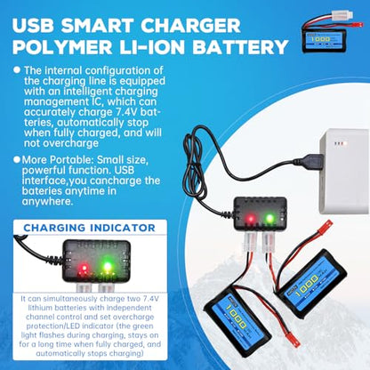 2PCS 7.4V 1000mAh 2S JST Plug Li-ion Battery with 2-in-1 Charger for RC Car,Stunt Flip Vehicle,Truck,Engineering Vehicle,RC Boat,Excavator,Toy Car Model,Off-Road Vehicle Battery