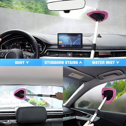 Windshield Cleaning Tool, Car Window Cleaner with Extendable Long Handle and 4 Washable Reusable Microfiber Pads, Auto Interior Exterior Glass Wiper Cleaning Kit Universal for Office and Home (Pink) - color: Pink