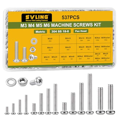 537Pcs M3 M4 M5 M6 Bolts Assortment Kit, Metric Machine Screws Phillips Pan Head Nuts Bolts Washer Assortment Kit, 304 Stainless Steel for Household Repairs,Electrical Wall Plate Switch - size: M3/4/5/6 537PCS Machine SS
