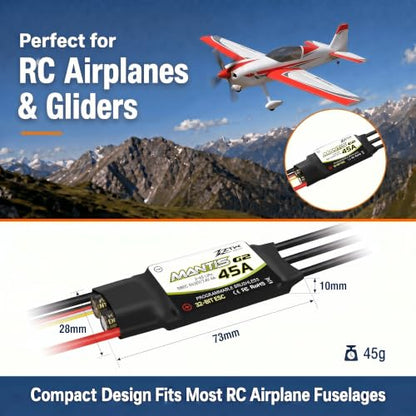 ZTW Mantis G2 45A ESC 2-6S Built-in Switching BEC 5V/6V/7.4V Adjustable 4A Brushless Speed Controller for RC Airplane Aircraft Fixed-Wing