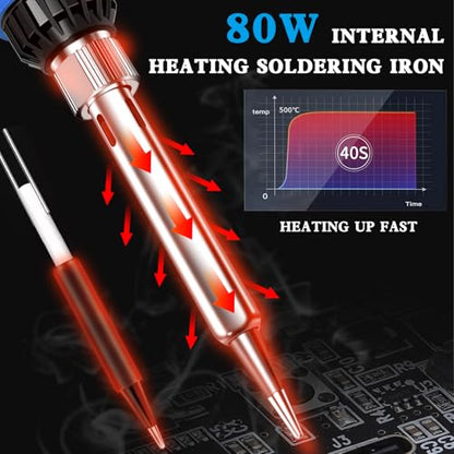 908D Blue 80W Adjustable Temperature Soldering Iron Kit, Heat Resistant Anti-Slip Handle, Includes 5 Soldering Tips, Solder Wire, Stand, Flux, Solder Pen/Hot Pen for DIY & Repair - color: Blue