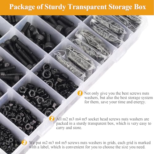 2180 Pieces Black M2 M3 M4 M5 Hex Socket Head Cap Screws Nuts Washers Assortment Kit, Metric Screw Assortment with Hex Wrenches, 12.9 Grade Alloy Steel, Fully Threaded - size: M2/M3/M4/M5, style: Socket Head