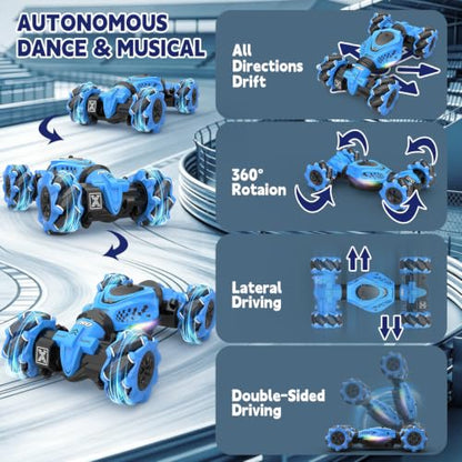 Remote Control Car - RC Drift Car Gesture Sensing Toy Boy Age 6-8-12 Gifts | Gesture Sensing RC Stunt Car for Kids Toys 6 7 8 9 10 11 12 Year Old Boy Birthday Christmas Presents with Lights Music - color: Blue