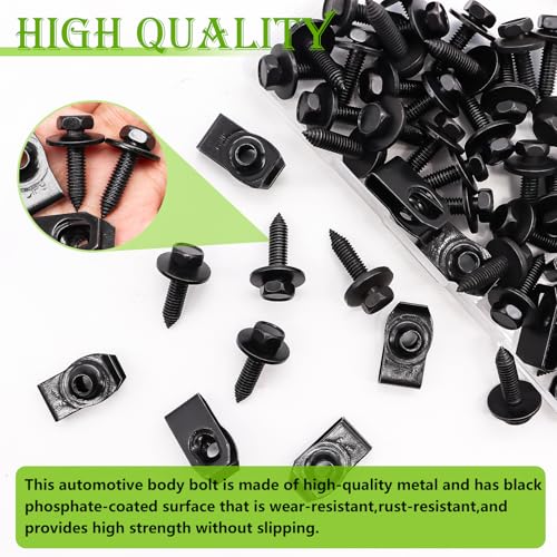mxuteuk 50PCS 1/4 U-Nut Clips & Hex Head Automotive Body Fender Bolts Kit,for Most Cars Fender,Engine Undertray Cover, Engine Cover & Bumper Fender Liner - color: Black-1/4Inch
