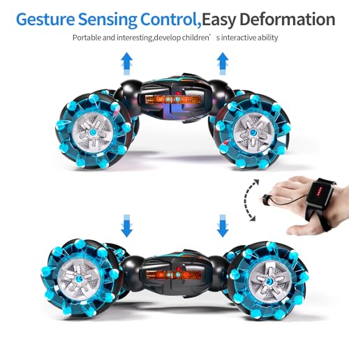 Deejoy 1:12 Gesture Sensing RC Stunt Car, 2.4GHz 4WD Hand Controlled Remote Control Car for Boys 8-12, Double Sided Rotating Off Road Vehicle 360° Flips with Lights Music for Birthday