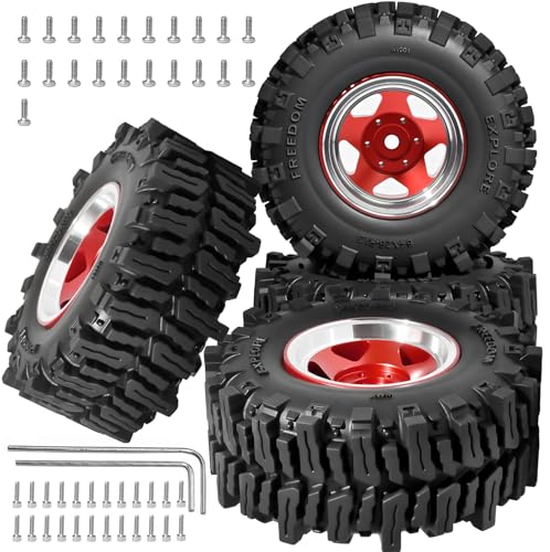 1.3" RC Beadlock Wheel Tires Set 64x26mm for SCX24 TRX4M, Red (4PCS) | Upgraded 1.45-inch Wheel for 1/24 SCX24 AX24 FCX24 1/18 TRX4M FMS RC Crawler Car Upgrade - color: Red