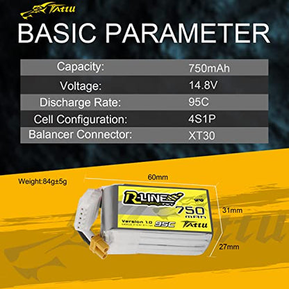 TATTU R-Line 750mAh 14.8V 95C 4S1P Lipo Battery Pack with XT30 Plug