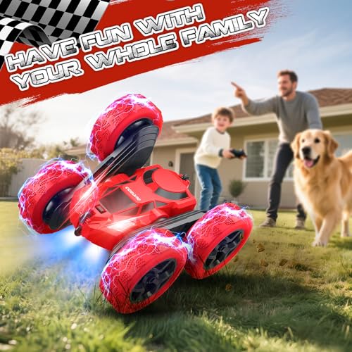 cosone Remote Control Car for Boys - Car Toy for Kids Age 6 7 8 9, 4WD 2.4Ghz Double Sided 360° Rotating RC Cars with Headlights, Christmas Birthday for Boys and Girls - Red - color: Red
