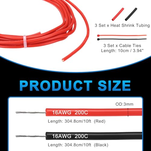MECCANIXITY 16 Gauge Silicone Electrical Wire Cable, 16 AWG 10ft Black and 10ft Red Electrical Wires High Temp 600V 200C Flexible Stranded Tinned Copper Wires Automotive Cable with Accessories - size: 16 Gauge 3m/10ft