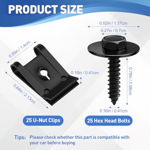 50Pcs M4.2 Automotive Body Bolt & U-Nut Clips Kit Replacement | Universal Fender Liner Screws and U-Nut Clamp Set, Engine Splash Shield Hex Head Screw Kits for Most Cars, Trucks, SUVs, Vans - color: Black-M4.2