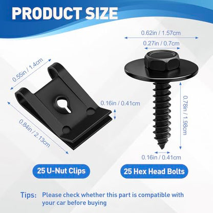 50Pcs M4.2 Automotive Body Bolt & U-Nut Clips Kit Replacement | Universal Fender Liner Screws and U-Nut Clamp Set, Engine Splash Shield Hex Head Screw Kits for Most Cars, Trucks, SUVs, Vans - color: Black-M4.2
