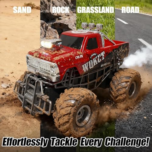 Highspeed Entry Level red rc Monster Truck with Light Spray 2.4GHz Upright 360 Rotate 4WD Monster Trucks rc Cars, 20+ KM/H Monster Trucks 70min (Max) Runtime,Back-to-School Season Toddler Toy 8-12 - color: Bigfoot-red