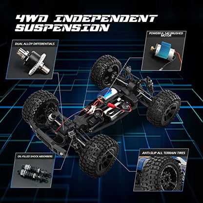 1:10 Large High Speed Remote Control Car with LED Shell Lights, 48+ KM/H, 4WD Offroad Monster Truck for Adults & Kids, Hobby RC Truck Vehicle, 2 Battery Crawler Toy Gift for Boy