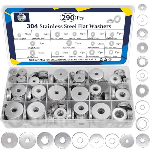 ZQZ 290Pcs Flat Washers, 304 Stainless Steel Fender Washers Assortment, 15 Different Sizes Wide Washer M3 M4 M5 M6 M8 M10 M12 Assorted Flatwashers Kit - size: 15 Sizes 290 Pieces