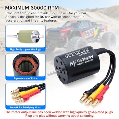 SurpassHobby 2430 5800KV Brushless Motor High Speed Waterproof Shaft 2mm Motor and for 1/16 1/18 Remote Control Cars Trucks Off-Road Vehicle - size: 5800kv, style: 2430 Motor