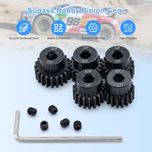 32P Metal Steel Gear Set 5mm Hole 17T 18T 19T 20T 21T Gear with Hex Key Screwdriver Hardened Pinion Gear for 1/8 1/10 RC Car - size: 17T 18T 19T 20T 21T