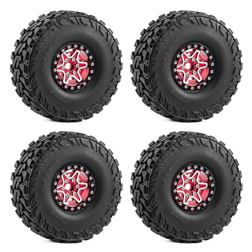 1.9" Beadlock Wheels and Tires 121mm (4.75in) for TRX4 SCX10 1/10 RC Crawler Upgrade Parts (Red-3, 4Pcs) - color: Red+P tires