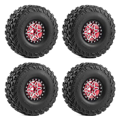 1.9" Beadlock Wheels and Tires 121mm (4.75in) for TRX4 SCX10 1/10 RC Crawler Upgrade Parts (Red-3, 4Pcs) - color: Red+P tires