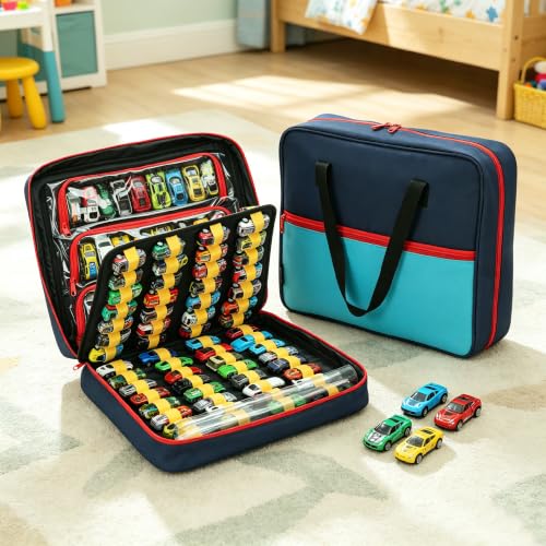 120 Toy Car Storage Case for 1:64 Die-Cast Cars (Blue) | Fits 1:64 diecast cars. Cars not included. Portable case for collectors and kids.