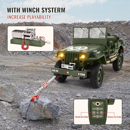 Remote Control Truck Off Road - 4x4 1/10 Scale Willys Army Rock Crawler RC Truck with Winch&Car Cover, 40Mins Play Time All Terrain Offroad RC Car, Military Vehicle Toys for Boys, Radio Controlled Car - color: Army Green