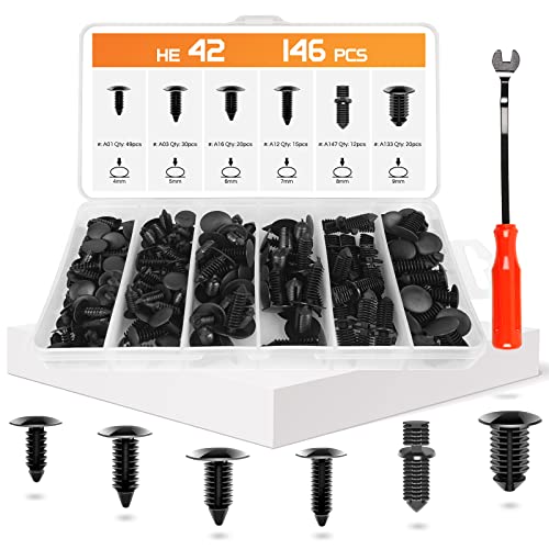 OTUAYAUTO 147PCS Universal Nylon Bumper Shield Retainer | 6 Most Common Sizes Car Body Shield Retainer Fastener Clips and Double End Xmas Tree Retainers Clips with Fasteners Remover - size: Universal (147 pieces)