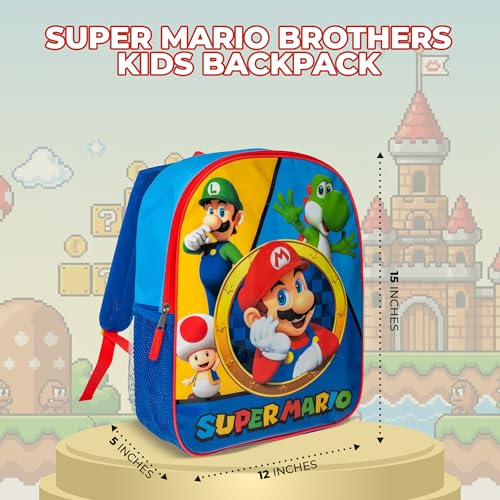 AI ACCESSORY INNOVATIONS Super Mario Brothers Kids Backpack, Mario, Luigi, Bowswer, Yoshi 15" Girls & Boys School Bag, Blue - color: Super Mario Brothers