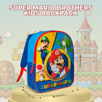 AI ACCESSORY INNOVATIONS Super Mario Brothers Kids Backpack, Mario, Luigi, Bowswer, Yoshi 15" Girls & Boys School Bag, Blue - color: Super Mario Brothers