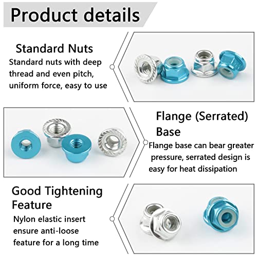 16pcs M4 Lock Nuts for 1/10 RC Car Wheel, Light Blue & Silver | 4mm Anodized Aluminum Alloy and Steel, Flange Serrated Nylon Insert Locking, With Wrench Set - color: Light Blue & Silver