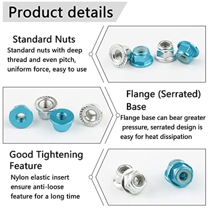 16pcs M4 Lock Nuts for 1/10 RC Car Wheel, Light Blue & Silver | 4mm Anodized Aluminum Alloy and Steel, Flange Serrated Nylon Insert Locking, With Wrench Set - color: Light Blue & Silver