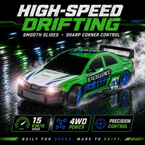 Liberty Imports RC Drift Car 1/24 2.4GHz 4WD Remote Control Sport Racing On-Road Vehicle with LED Light, Batteries and Drift Tires (Style 3) - style: Green