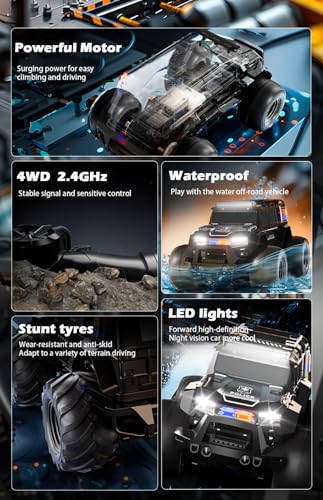 Amphibious Remote Control Car Waterproof Monster RC Cars 4WD All Terrain Off-Road Stunt Vehicle Toys with 2.4 GHz LED Lights for 6 7 8 9 10 11 12+ Year Old Kids Boys Girls Gifts Presents (Black) - color: Black