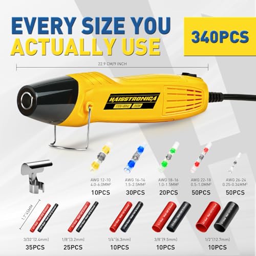 haisstronica Solder Seal Connectors and Tubing Kit, Mini Heat Gun, 340PCS | Wire Gauge Markings, Low-Melt Solder Rings, 2 Heat Settings, Removable Bins, Automotive and Trailer Wiring - size: 340PCS