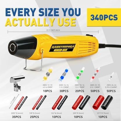 haisstronica Solder Seal Connectors and Tubing Kit, Mini Heat Gun, 340PCS | Wire Gauge Markings, Low-Melt Solder Rings, 2 Heat Settings, Removable Bins, Automotive and Trailer Wiring - size: 340PCS