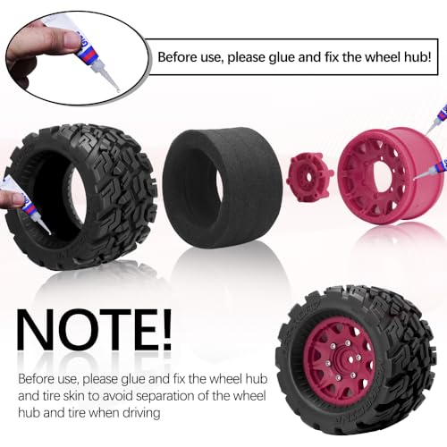 OGRC Wheels and Tires 12mm/14mm Hex RC Truck Tires with Foam Inserts for 1/10 Scale Arrma Granite Axial Losi Redcat Rc4wd RC Monster Truck Buggy (Red) - color: Red