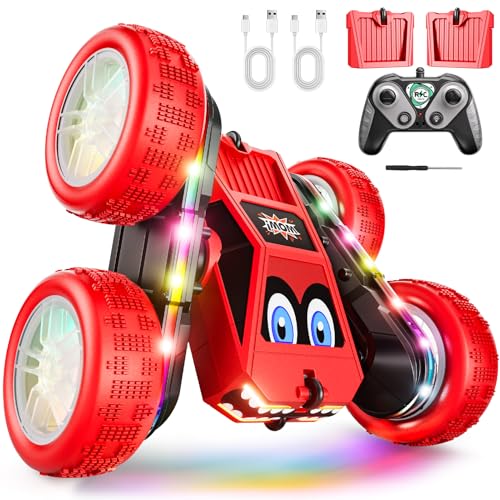 WayEee Remote Control Car, 360° Flips RC Stunt Car with LED Lights Strips, Type-C Charge Modular Battery, 2.4 GHZ Double Sided High Speed RC Cars for Boys Age 8-12 Girls 3+ Kids Toys Birthday Gifts - color: Red