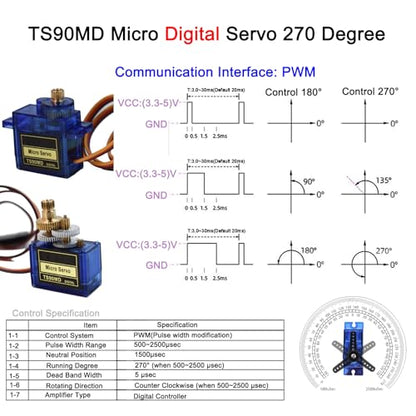 4 Pack Full Metal Gear TS90MD 9g Digital Micro RC Servo 270 Degree Upgrade SG90 Mini Servos Motor for Arduino RC Smart Car 450 Aircraft Plane Boat DIY Project PWM500-2500 Controllable Angle