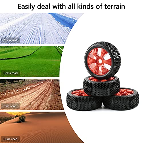 1/8 Buggy Tires and Wheels 17mm Hex with Adapters - 114mm OD Off-Road RC Tires Compatible with Arrma Typhon, Traxxas, Redcat, HSP - Includes Nuts & Wrench (Red) - color: Red 6 Spokes