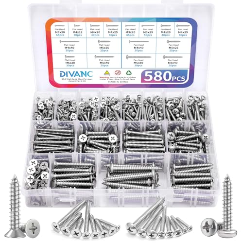580Pcs 304 Stainless Steel Wood Screw Assortment Kit, M3/M4/M5/M6 Phillips Pan Head & Flat Head Sheet Metal Screws Self Tapping Screws Set,16 Sizes Assorted Screw (Silver 580PCS)