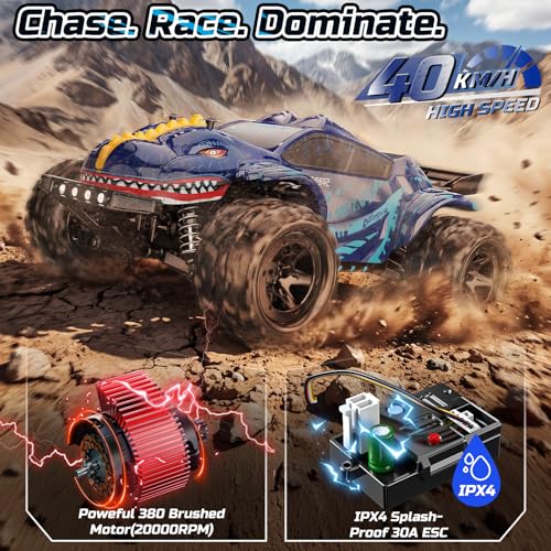 DEERC 9308E 1:16 Fast RC Cars for Boys Age 8-12 RC Monster Truck 40 KPH,All Terrain 4WD High Speed Dinosaur Truck 2 Car Shell,2.4Ghz Off-Road Remote Control Cars with 2 Batteries, Toy Gift for Kids