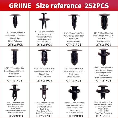 252PCS Bumper Retainer Clips Car Plastic Rivets Fasteners Push Retainer Kit Most Popular 12 Sizes Auto Push Pin Rivets Set -Door Trim Panel Fender Clips for Honda Toyota GM Ford Chrysler - size: 252Pcs
