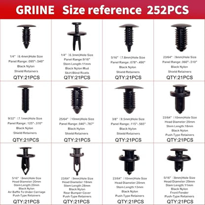 252PCS Bumper Retainer Clips Car Plastic Rivets Fasteners Push Retainer Kit Most Popular 12 Sizes Auto Push Pin Rivets Set -Door Trim Panel Fender Clips for Honda Toyota GM Ford Chrysler - size: 252Pcs
