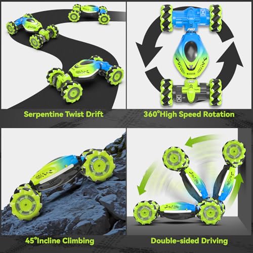 Dysaim Gesture RC Car Hand Controlled Stunt Car for 6-12 yr Boys Girls, 2.4GHz Remote Control Gesture Sensor Toy Drift Twist with Light Music for Kids Birthday Xmas Gift - color: Geen-blue