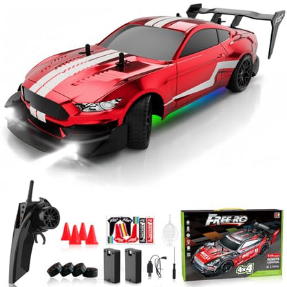 Remote Control Car RC Drift Car 1:16 Scale 4WD RC Vehicle with LED Lights 2.4GHz 30km/h RTR High Speed Racing Sport Toy for Adults Boys Girls Kids Gift 2Pcs Rechargeable Battery - color: Red-mg