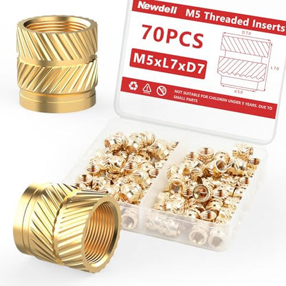 Newdeli 70pcs M5 Heat Set Inserts M5x7x7 Threaded Inserts for Plastic and 3D Printing Components Brass Metric Knurled Nuts Kit - size: M5x7x7 (70 pieces)
