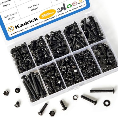 KADRICK 595Pcs M4 Screw Kit,Hex Socket Button Head M4 Bolts Length 6MM-30MM | M4 Machine Screws with Nuts Flat & Lock Washers, Class 10.9 Alloy Steel,Black Oxide Finish - size: M4 600Pcs 6-30mm