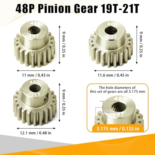 3PCS 48P Pinion Gear Set 7075 Aluminum Alloy 3.175mm Shaft 19T 20T 21T with Screws & Hex for 1/10 RC Arrma Traxxas HPI Sakura Losi Axial SCX10 Tamiya Monster Truck Buggy Motor Gears Upgrade - size: 19 20 21T