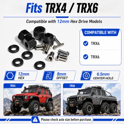 4PCS 12mm Hex Hub 8mm Offset Wheel Hex Extension for Traxxas TRX4 TRX6 1/10 | CNC Metal Wheel Spacer for RC Crawlers Helps Increase Track Width and Side-Hill Stability Reduce Vibration Add Tire Clearance - color: black