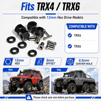 4PCS 12mm Hex Hub 8mm Offset Wheel Hex Extension for Traxxas TRX4 TRX6 1/10 | CNC Metal Wheel Spacer for RC Crawlers Helps Increase Track Width and Side-Hill Stability Reduce Vibration Add Tire Clearance - color: black
