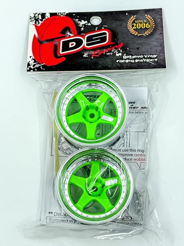 2PCS 1/10 RC Drift Element Rims Wheels, 5-Spoke, Adjustable Offset, Compatible with Yokomo YD MD RD, MST RMX, Reve D RDX, Redcat RDS, HPI, Tamiya TT, & More (Flu Green w/Chrome Lip)