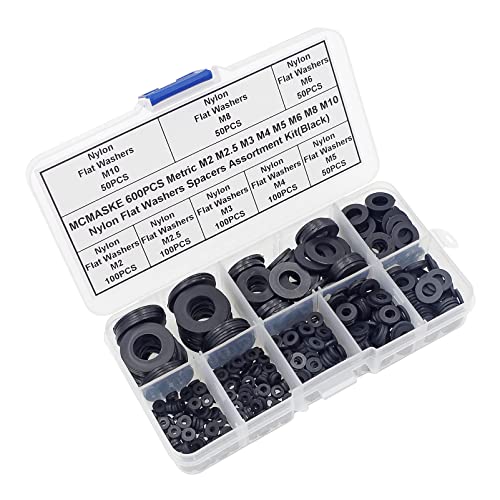 600PCS Metric M2 M2.5 M3 M4 M5 M6 M8 M10 Nylon Flat Washers Spacers Plastic Washers Assortment Kit (Black) - color: Black